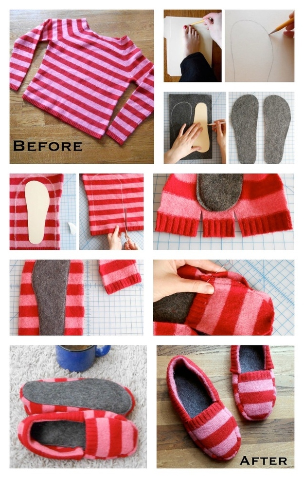 как сшить домашние тапочки из свитера